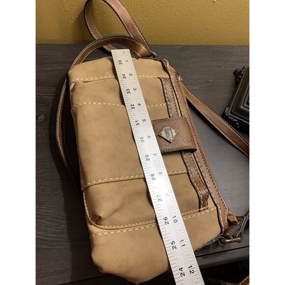 Vintage b.o.c. BORN Crossbody Purse 2 Tone Tan Faux‎ Suede Double Strap - Picture 14 of 15